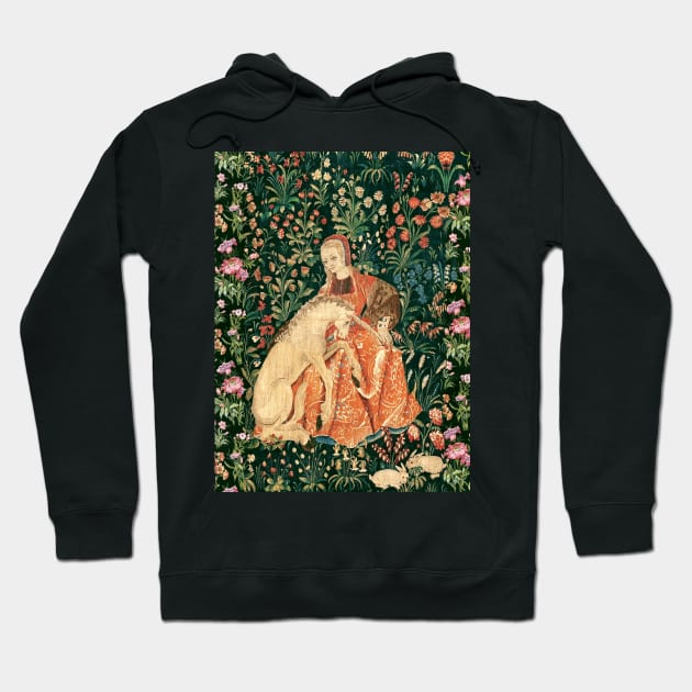 LADY AND UNICORN AMONG FLOWERS ,HARES,Red Green Floral Hoodie by BulganLumini